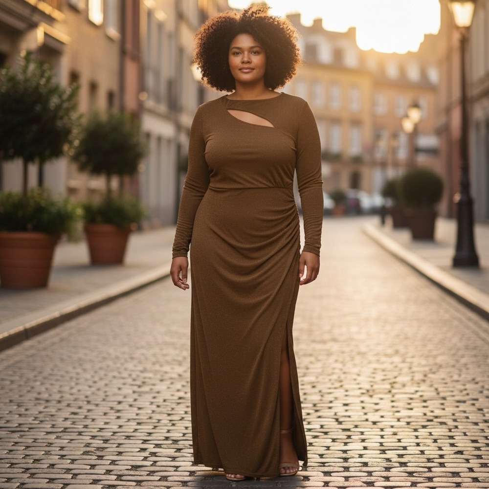 Candalite Maxi Dress‎ Womens XL Bronze Metallic Cutout Ruched Long Sleeve Formal
